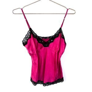 Vintage 2000s Gracie Hot Pink Sequined Lace Trim 100% Silk Cami Tank Top M